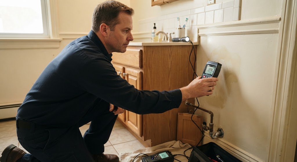 Technician locating hidden moisture with a digital meter
