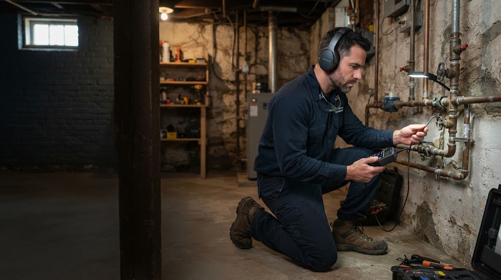 Acoustic detection equipment used on a concrete floor to locate a plumbing leak